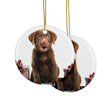 DistinctInk Hanging Ceramic Christmas Tree Ornament with Gold String - Great Gift/Present - 2 3/4 inch Diameter - Chesapeake Bay Retriever Puppy Design
