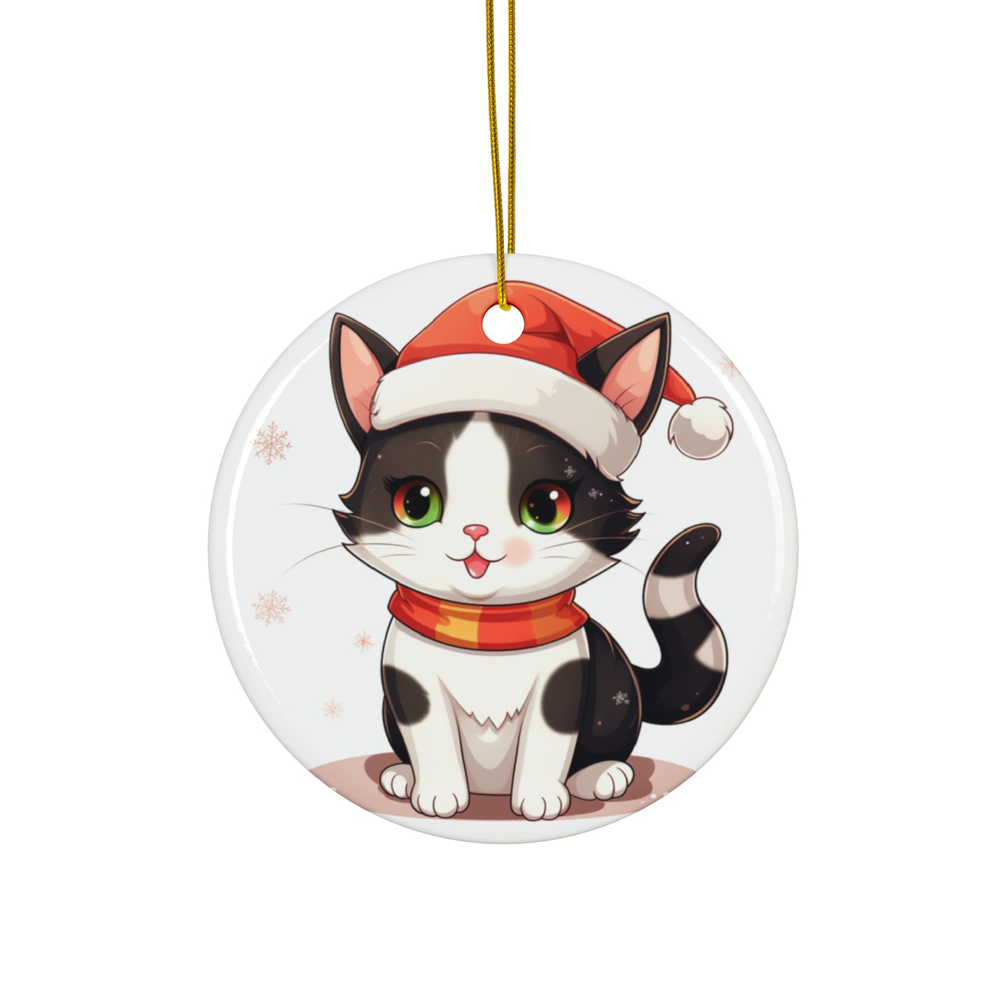 DistinctInk Hanging Ceramic Christmas Tree Ornament with Gold String - Great Gift/Present - 2 3/4 inch Diameter - Japanese Bobtail Cat Design