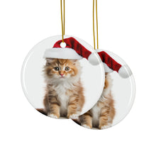 DistinctInk Hanging Ceramic Christmas Tree Ornament with Gold String - Great Gift/Present - 2 3/4 inch Diameter - LaPerm Cat Design