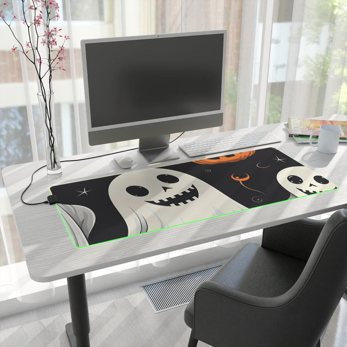 LED Gaming Mouse Pad with Spooky Skeleton Pumpkin Patch Design for Halloween, view 28