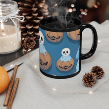 DistinctInk Black Coffee Mug - Ghost Skeleton Pumpkin Pattern for Halloween