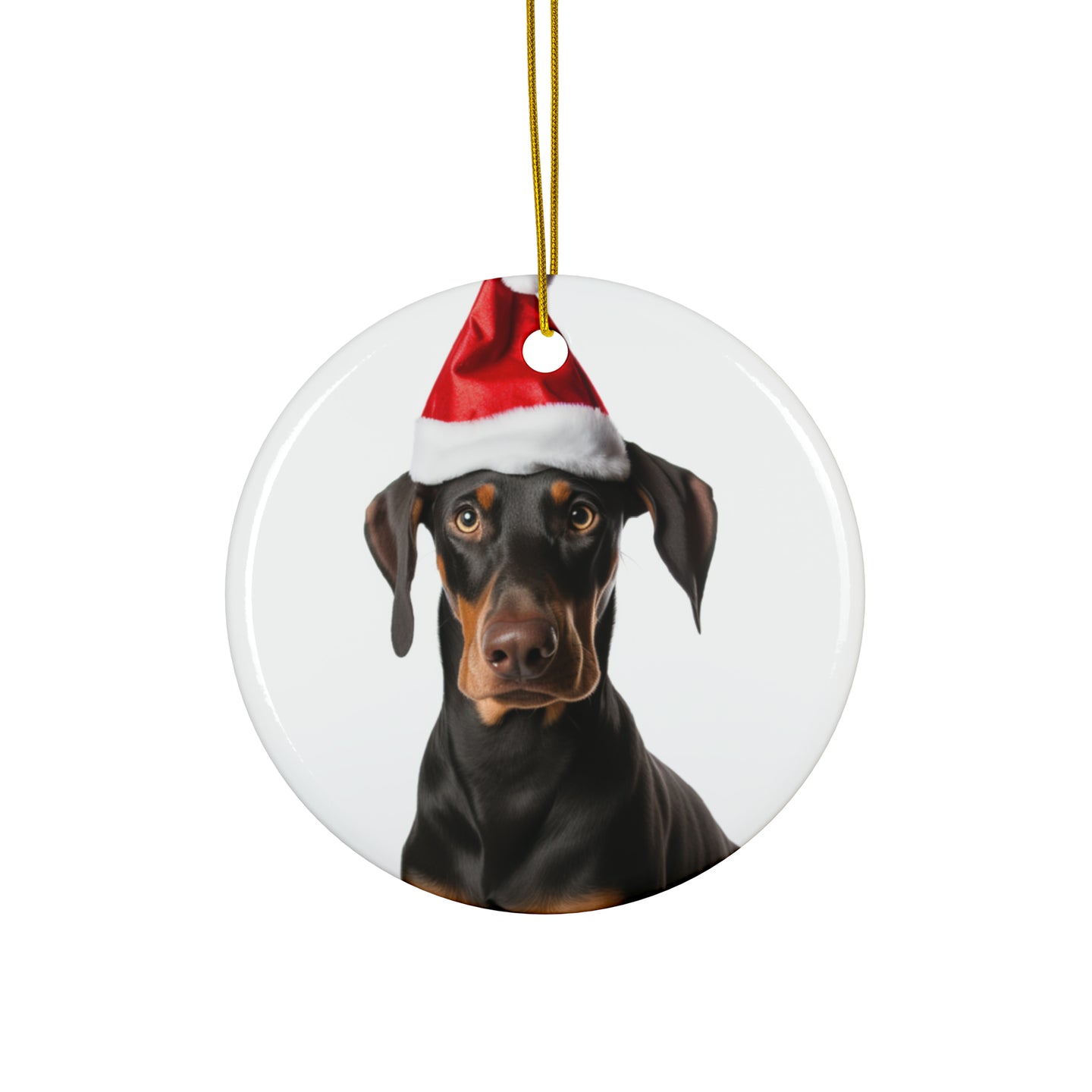 DistinctInk Hanging Ceramic Christmas Tree Ornament with Gold String - Great Gift/Present - 2 3/4 inch Diameter - Doberman Pinscher Design