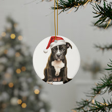 DistinctInk Hanging Ceramic Christmas Tree Ornament with Gold String - Great Gift/Present - 2 3/4 inch Diameter - Staffordshire Bull Terrier Puppy Drawing Design