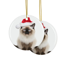 DistinctInk Hanging Ceramic Christmas Tree Ornament with Gold String - Great Gift/Present - 2 3/4 inch Diameter - Balinese Cat Design