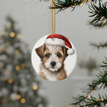 DistinctInk Hanging Ceramic Christmas Tree Ornament with Gold String - Great Gift/Present - 2 3/4 inch Diameter - American Hairles Terrier Puppy Drawing Design