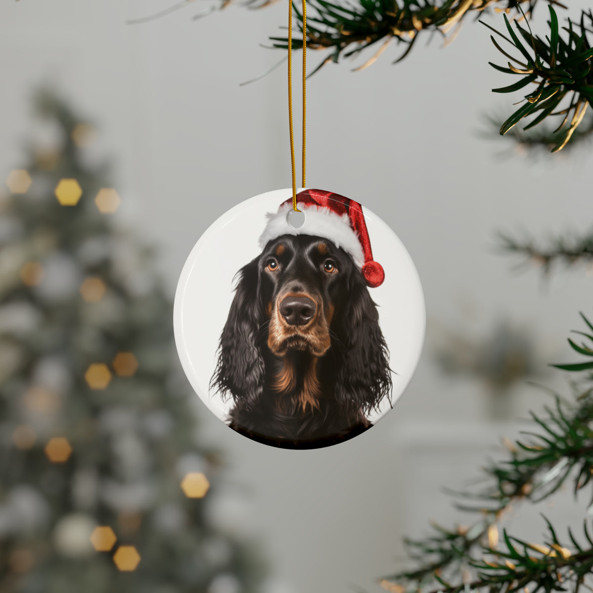 Hanging Ceramic Christmas Tree Ornament with Gold String - Gordon Setter Design, view 3