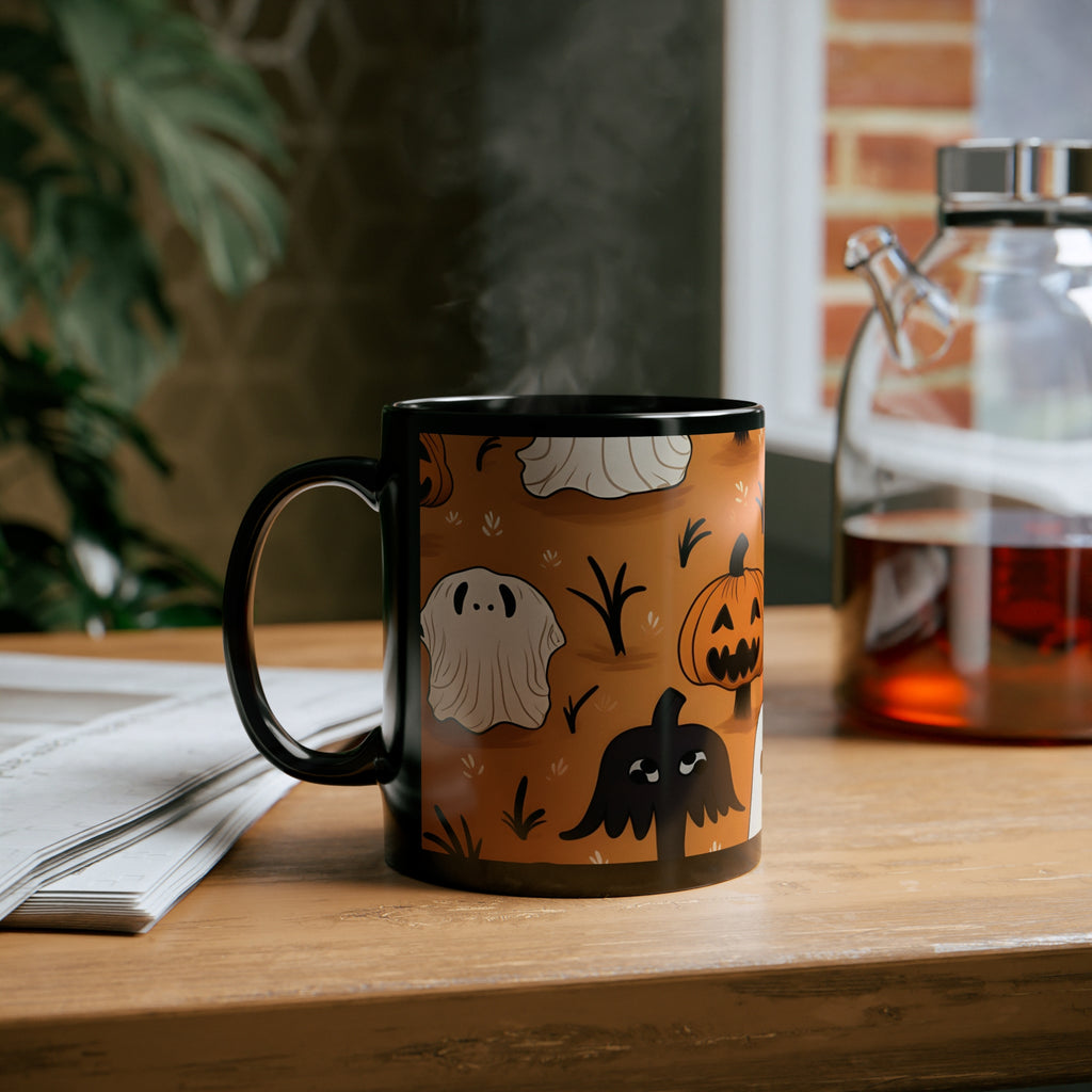 Black Coffee Mug - Ghost Skeleton Pumpkin Cartoons for Halloween, view 6