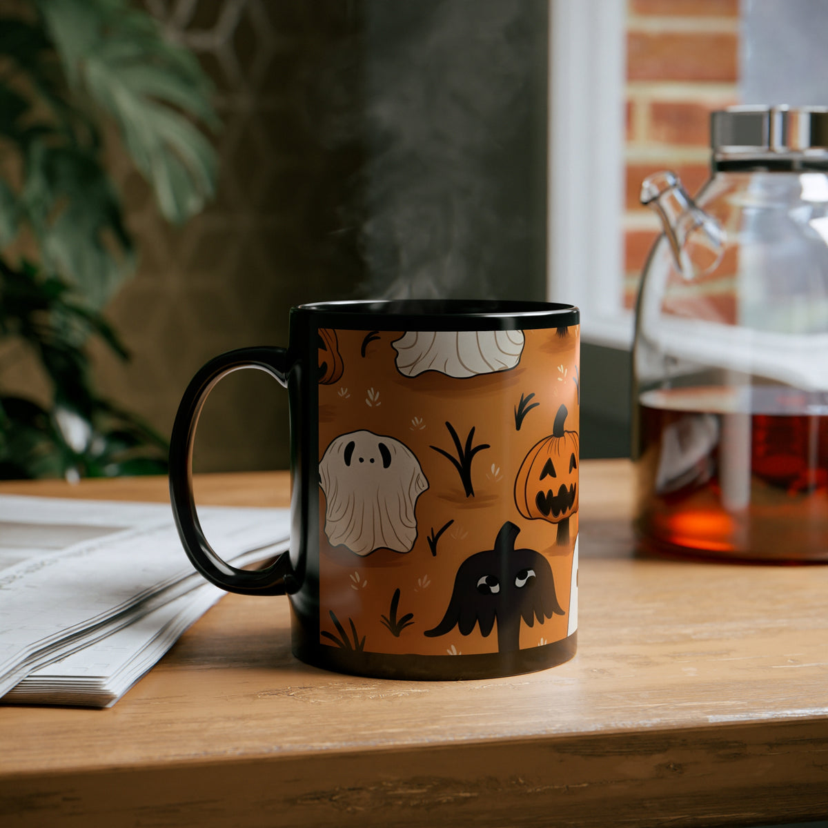 Black Coffee Mug - Ghost Skeleton Pumpkin Cartoons for Halloween, view 6