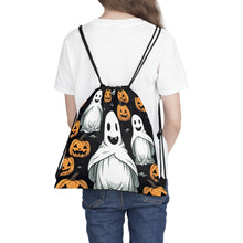 DistinctInk Drawstring Bag / Backpack with Skelepumpkin Ghostpattern Design for Halloween