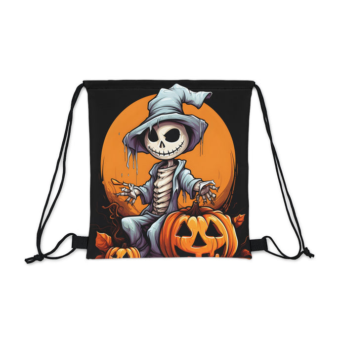 DistinctInk Drawstring Bag / Backpack with Haunted Jack-O'-Skeleton Design for Halloween