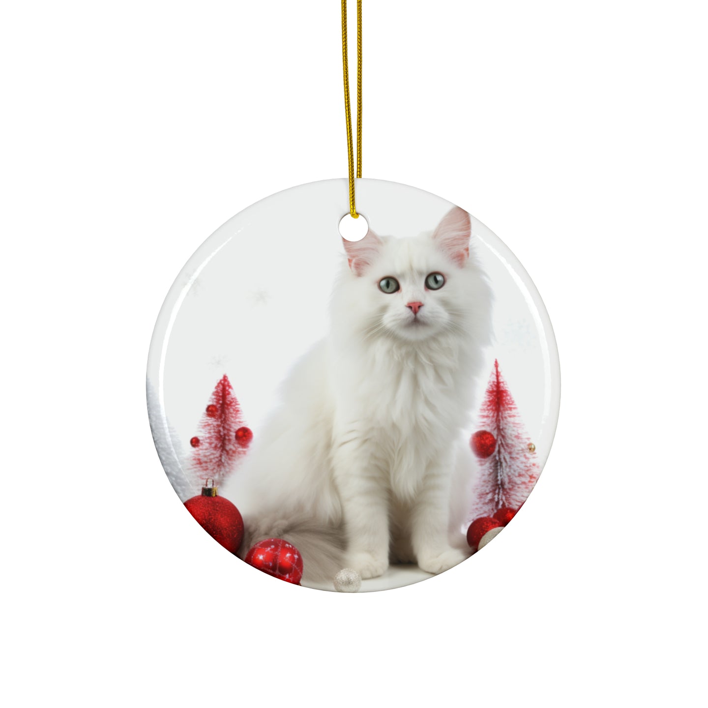 DistinctInk Hanging Ceramic Christmas Tree Ornament with Gold String - Great Gift/Present - 2 3/4 inch Diameter - Turkish Angora Cat Design