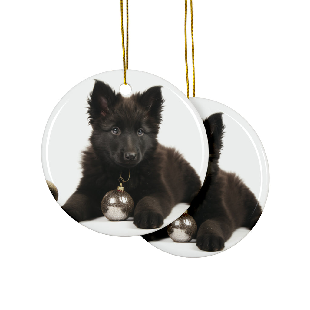 Hanging Ceramic Christmas Tree Ornament with Gold String - Belgian Sheepdog Puppy Design, view 2