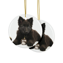 DistinctInk Hanging Ceramic Christmas Tree Ornament with Gold String - Great Gift/Present - 2 3/4 inch Diameter - Belgian Sheepdog Puppy Design