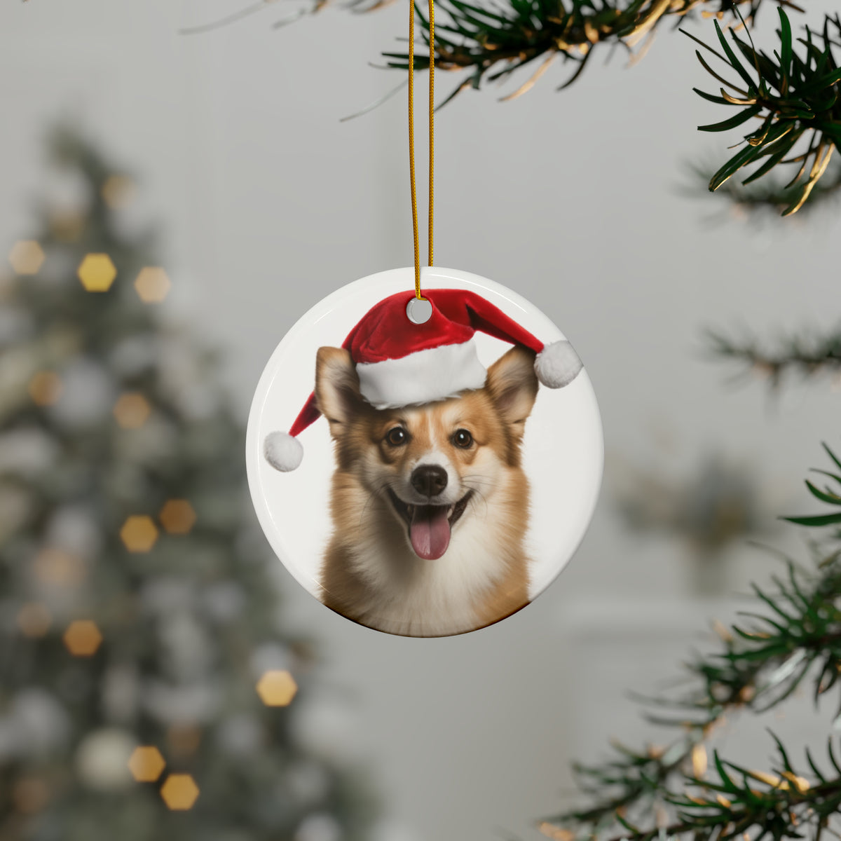 Hanging Ceramic Christmas Tree Ornament with Gold String - Icelandic Sheepdog Design, view 3