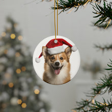DistinctInk Hanging Ceramic Christmas Tree Ornament with Gold String - Great Gift/Present - 2 3/4 inch Diameter - Icelandic Sheepdog Design