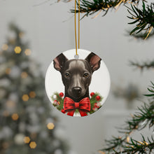 DistinctInk Hanging Ceramic Christmas Tree Ornament with Gold String - Great Gift/Present - 2 3/4 inch Diameter - Xoloitzcuintli Puppy Drawing Design