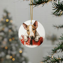 DistinctInk Hanging Ceramic Christmas Tree Ornament with Gold String - Great Gift/Present - 2 3/4 inch Diameter - Bull Terrier Puppy Drawing Design