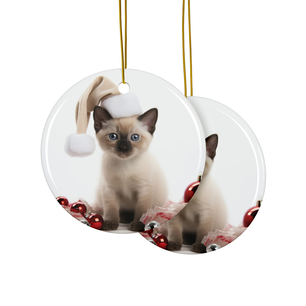 Hanging Ceramic Christmas Tree Ornament with Gold String - Tonkinese Kitten Design, view 2