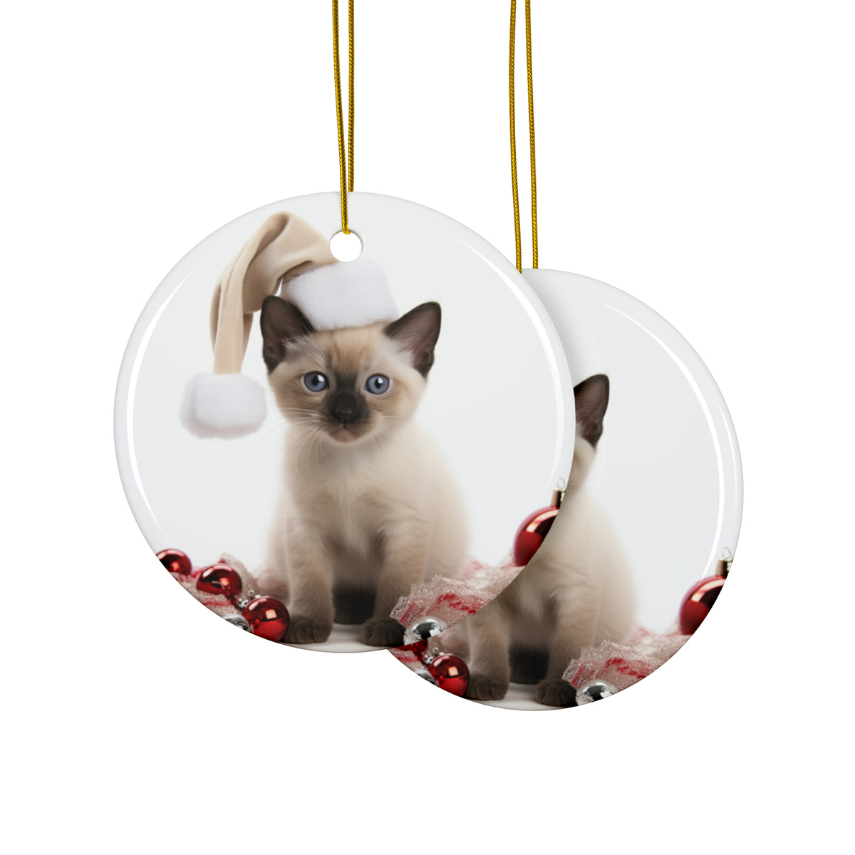 Hanging Ceramic Christmas Tree Ornament with Gold String - Tonkinese Kitten Design, view 2