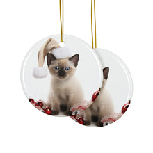 DistinctInk Hanging Ceramic Christmas Tree Ornament with Gold String - Great Gift/Present - 2 3/4 inch Diameter - Tonkinese Kitten Design
