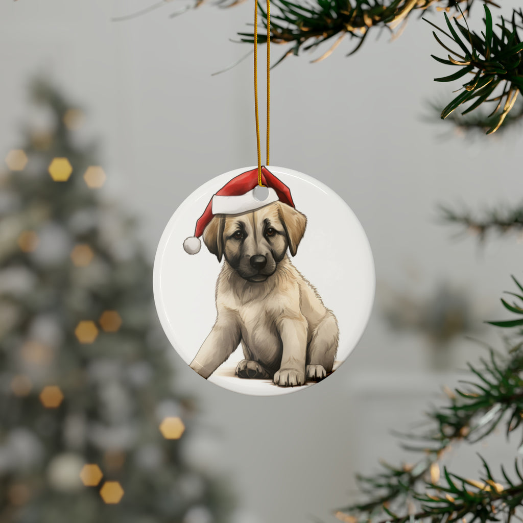 Hanging Ceramic Christmas Tree Ornament with Gold String - Anatolian Shepherd Dog Puppy Drawing Design, view 3