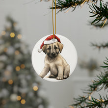 DistinctInk Hanging Ceramic Christmas Tree Ornament with Gold String - Great Gift/Present - 2 3/4 inch Diameter - Anatolian Shepherd Dog Puppy Drawing Design