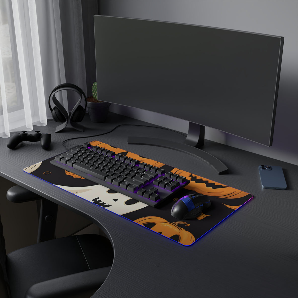 LED Gaming Mouse Pad with Ghastly Skeleton Pumpkin Party Design for Halloween, view 15