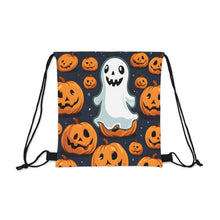 DistinctInk Drawstring Bag / Backpack with Ghost Skeleton Spooky Pumpkins Design for Halloween