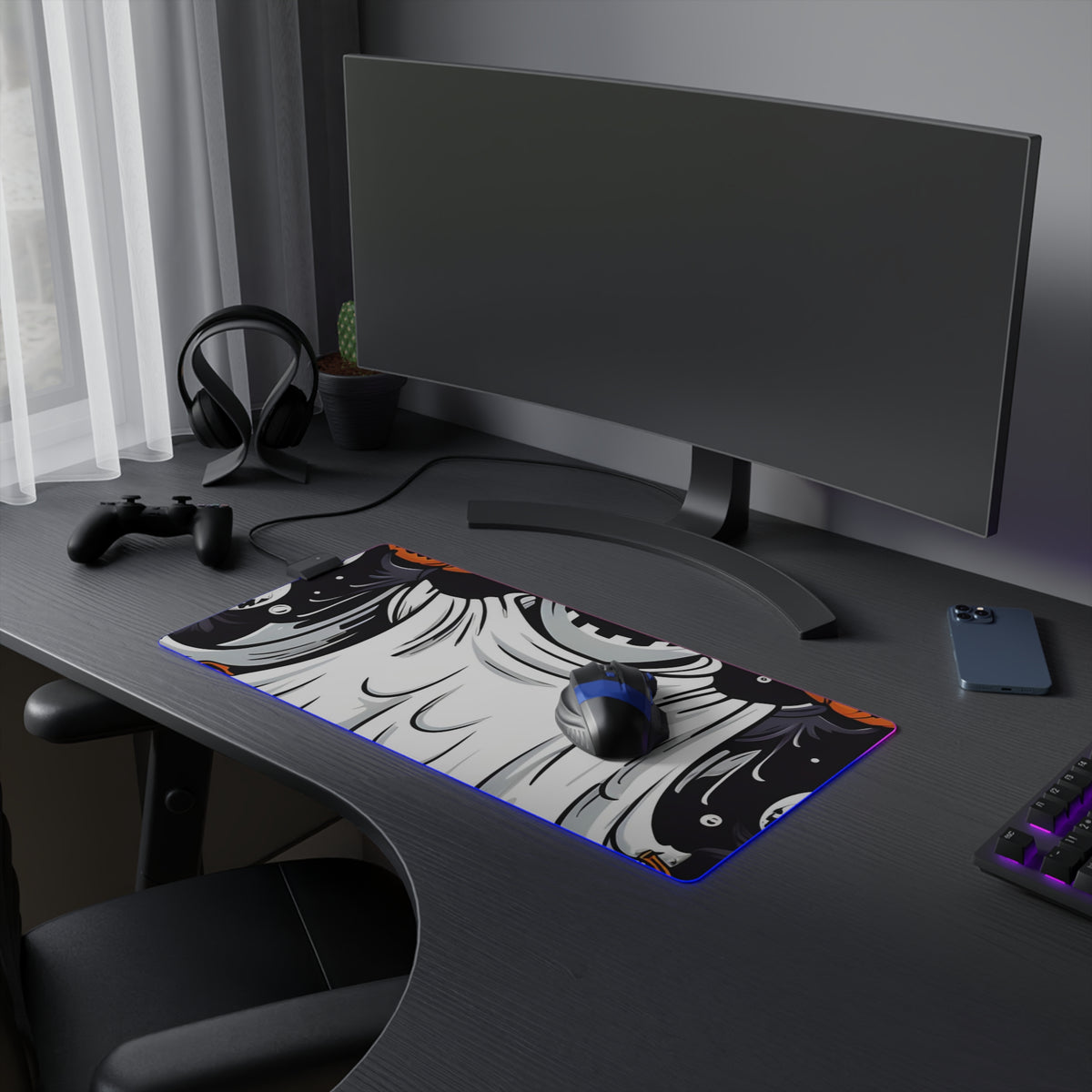 LED Gaming Mouse Pad with Ghost Skeleton Pumpkins Design for Halloween, view 9