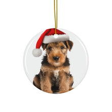 DistinctInk Hanging Ceramic Christmas Tree Ornament with Gold String - Great Gift/Present - 2 3/4 inch Diameter - Welsh Terrier Puppy Design