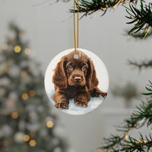 DistinctInk Hanging Ceramic Christmas Tree Ornament with Gold String - Great Gift/Present - 2 3/4 inch Diameter - Sussex Spaniel Puppy Drawing Design