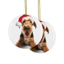 DistinctInk Hanging Ceramic Christmas Tree Ornament with Gold String - Great Gift/Present - 2 3/4 inch Diameter - Airedale Terrier Design