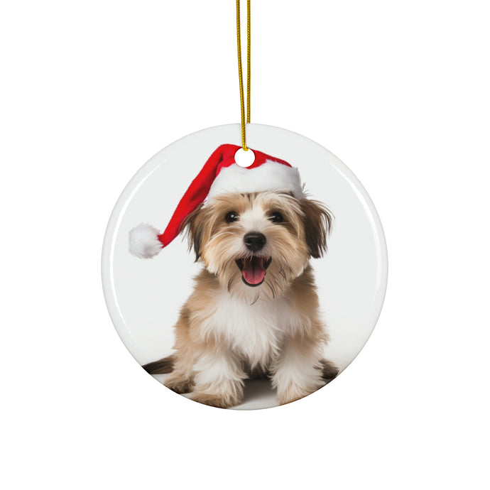DistinctInk Hanging Ceramic Christmas Tree Ornament with Gold String - Great Gift/Present - 2 3/4 inch Diameter - Biewer Terrier Design