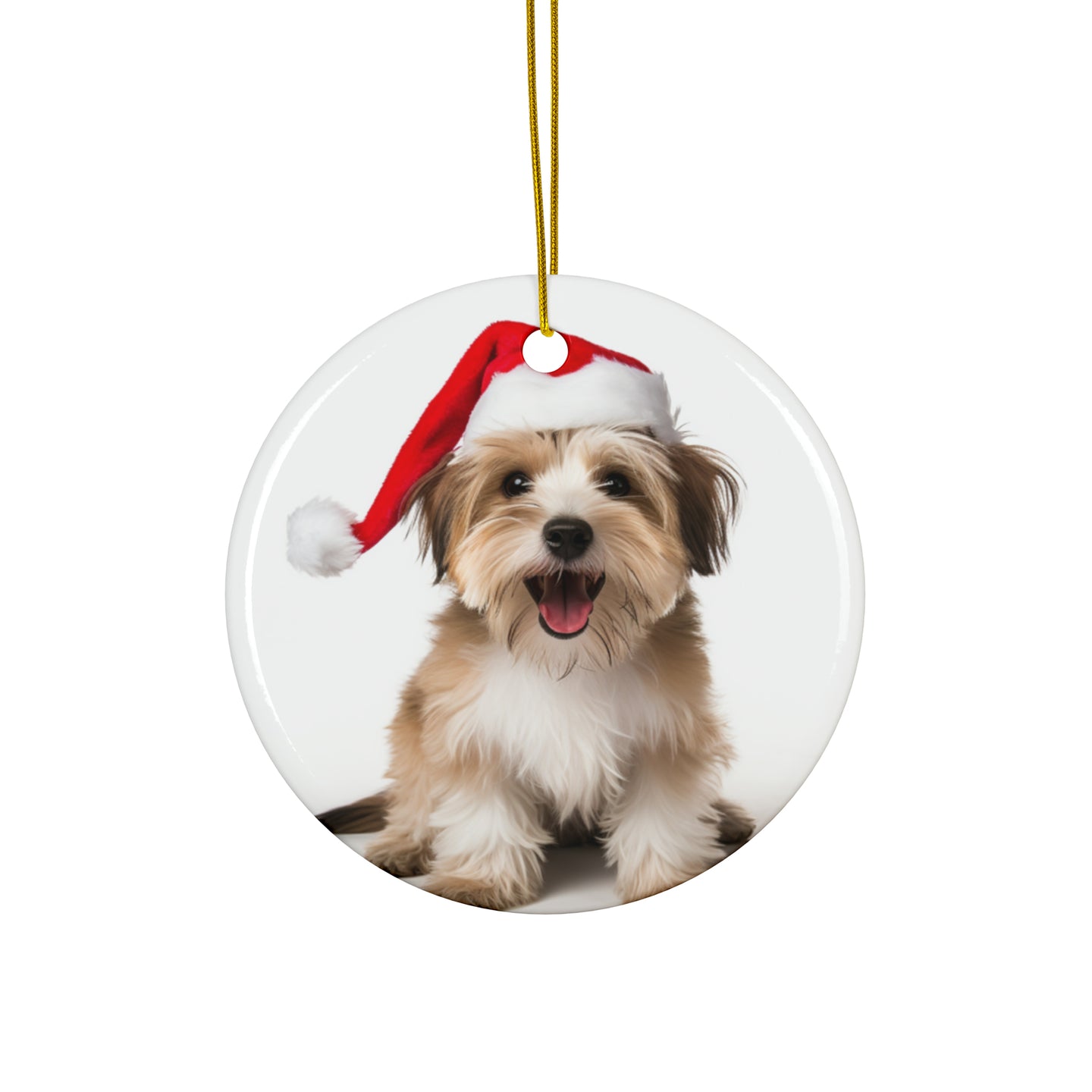 DistinctInk Hanging Ceramic Christmas Tree Ornament with Gold String - Great Gift/Present - 2 3/4 inch Diameter - Biewer Terrier Design