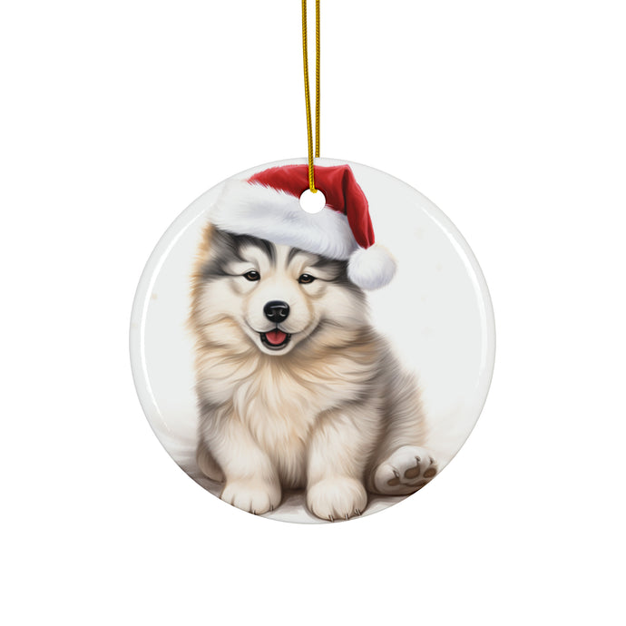 DistinctInk Hanging Ceramic Christmas Tree Ornament with Gold String - Great Gift/Present - 2 3/4 inch Diameter - Alaskan Malamute Puppy Drawing Design