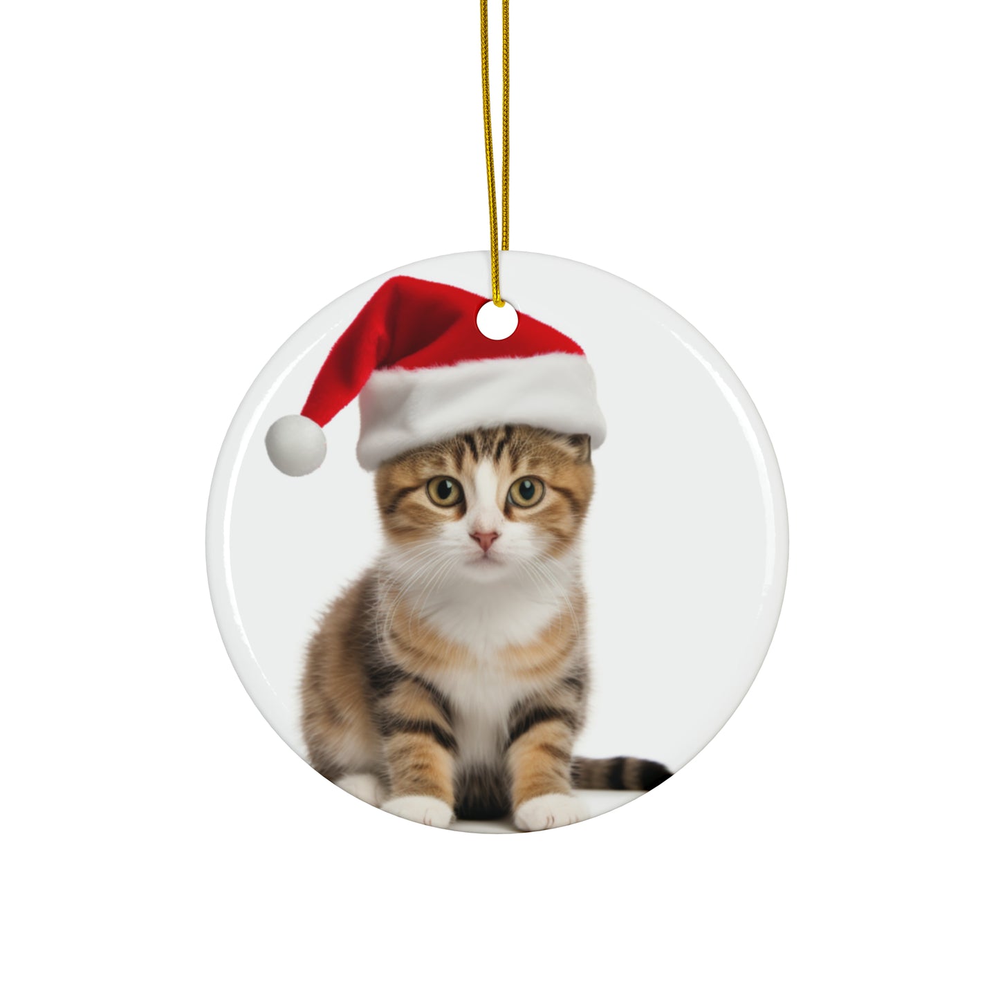 DistinctInk Hanging Ceramic Christmas Tree Ornament with Gold String - Great Gift/Present - 2 3/4 inch Diameter - American Wirehair Cat Design