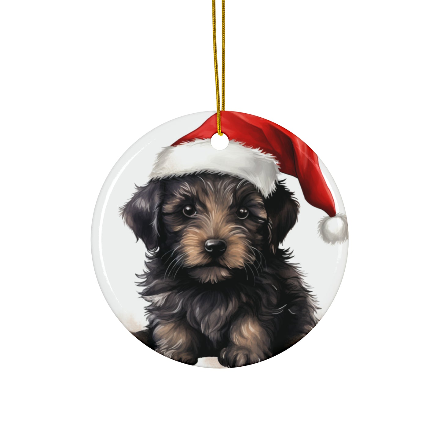DistinctInk Hanging Ceramic Christmas Tree Ornament with Gold String - Great Gift/Present - 2 3/4 inch Diameter - Bouvier de Flandre Puppy Drawing Design