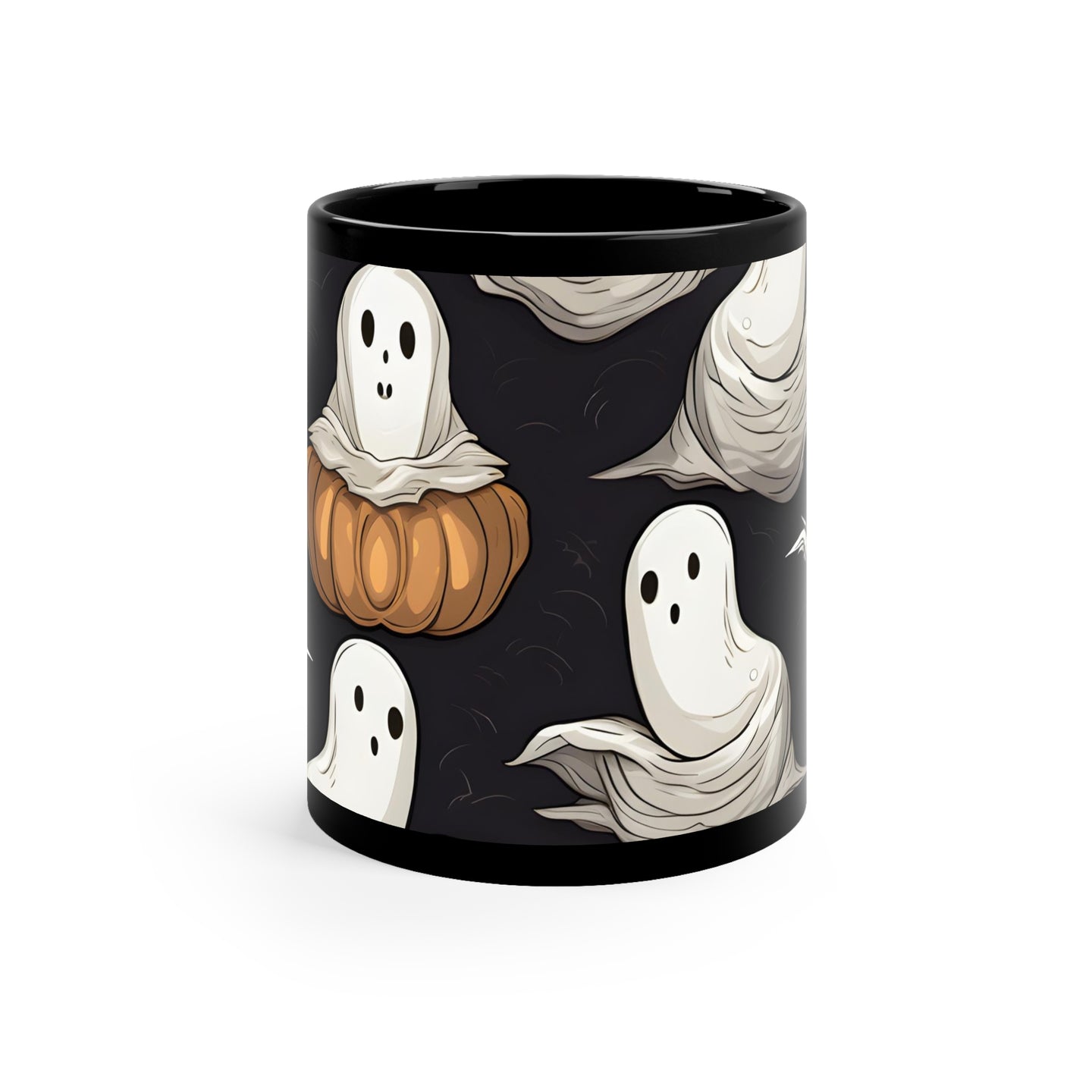 DistinctInk Black Coffee Mug - Skeletal Ghostly Pumpkin Patch for Halloween