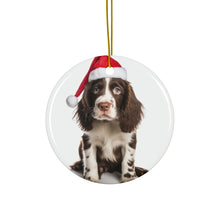 DistinctInk Hanging Ceramic Christmas Tree Ornament with Gold String - Great Gift/Present - 2 3/4 inch Diameter - English Springer Spaniel Puppy Design