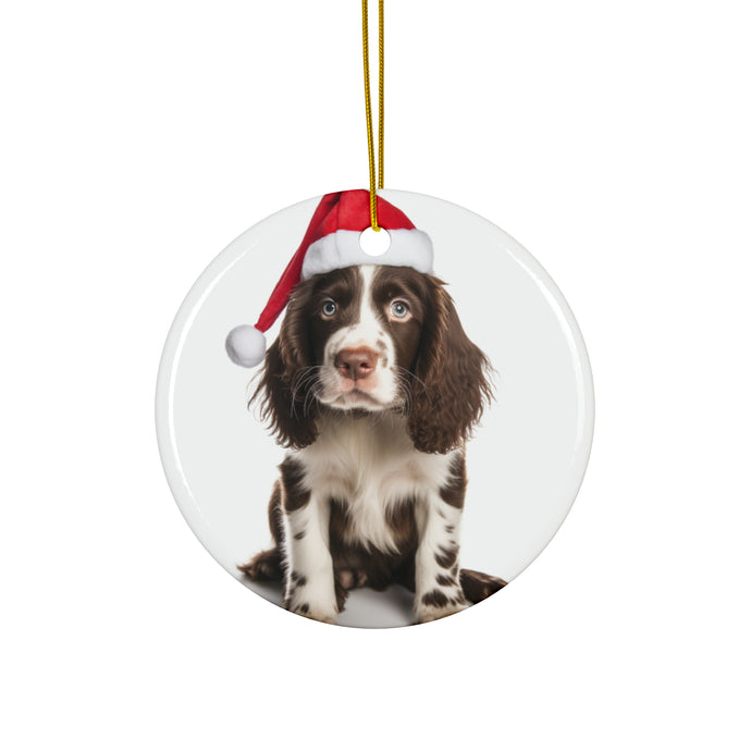 DistinctInk Hanging Ceramic Christmas Tree Ornament with Gold String - Great Gift/Present - 2 3/4 inch Diameter - English Springer Spaniel Puppy Design