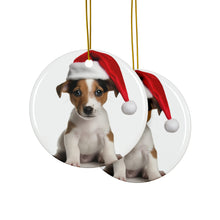 DistinctInk Hanging Ceramic Christmas Tree Ornament with Gold String - Great Gift/Present - 2 3/4 inch Diameter - Smooth Fox Terrier Puppy Design