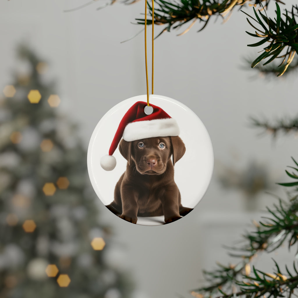 Hanging Ceramic Christmas Tree Ornament with Gold String - Labrador Retriever Puppy Design, view 3