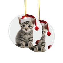 DistinctInk Hanging Ceramic Christmas Tree Ornament with Gold String - Great Gift/Present - 2 3/4 inch Diameter - Egyptian Mau Kitten Design