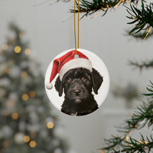 DistinctInk Hanging Ceramic Christmas Tree Ornament with Gold String - Great Gift/Present - 2 3/4 inch Diameter - Portuguese Water Dog Puppy Drawing Design