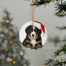 DistinctInk Hanging Ceramic Christmas Tree Ornament with Gold String - Great Gift/Present - 2 3/4 inch Diameter - Bernese Mountain Dog Puppy Design