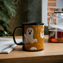 DistinctInk Black Coffee Mug - Ghost Skeleton Pumpkin Pattern for Halloween
