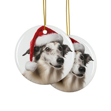 DistinctInk Hanging Ceramic Christmas Tree Ornament with Gold String - Great Gift/Present - 2 3/4 inch Diameter - Borzoi Puppy Design