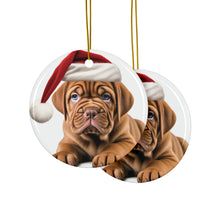 DistinctInk Hanging Ceramic Christmas Tree Ornament with Gold String - Great Gift/Present - 2 3/4 inch Diameter - Dogue de Bordeaux Puppy Drawing Design