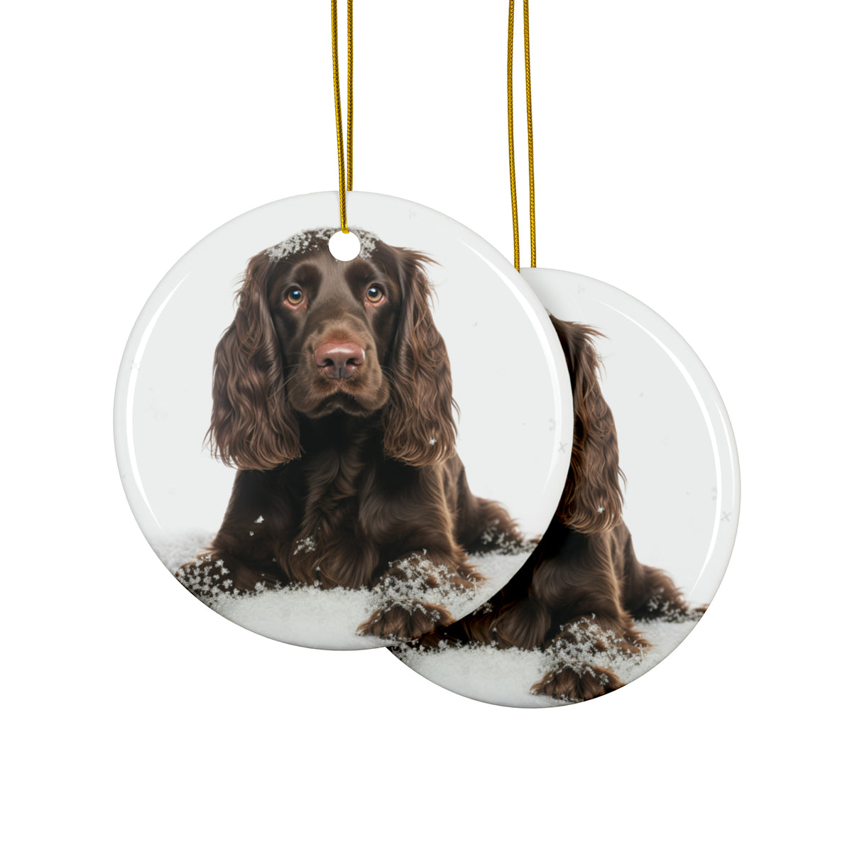 Hanging Ceramic Christmas Tree Ornament with Gold String - Field Spaniel Design, view 2
