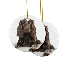 DistinctInk Hanging Ceramic Christmas Tree Ornament with Gold String - Great Gift/Present - 2 3/4 inch Diameter - Field Spaniel Design